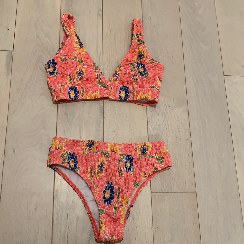 flower pink smocked bikini